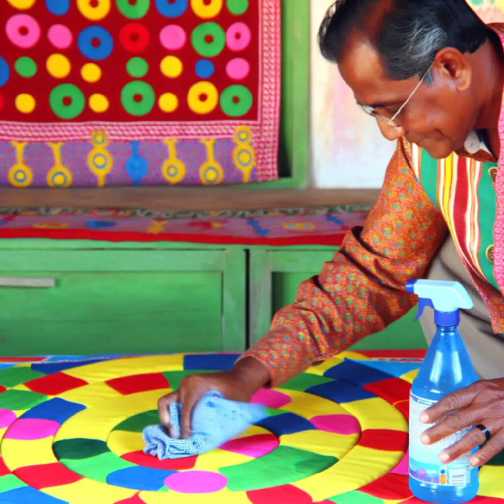 Személy puha kendővel tisztítja a Twister-szerű játékszőnyeget
