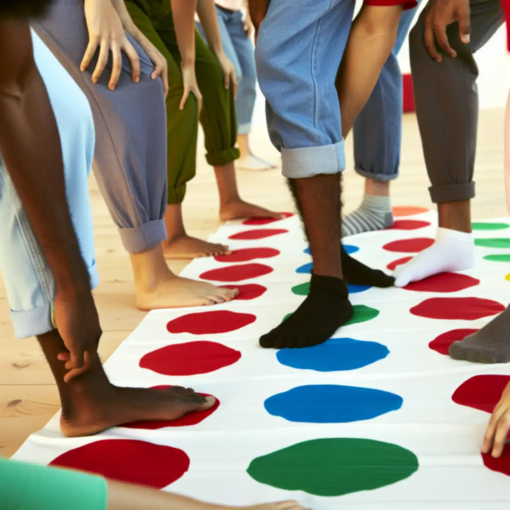 Gyerekek kényelmes ruhában Twister-szerű játékot játszanak