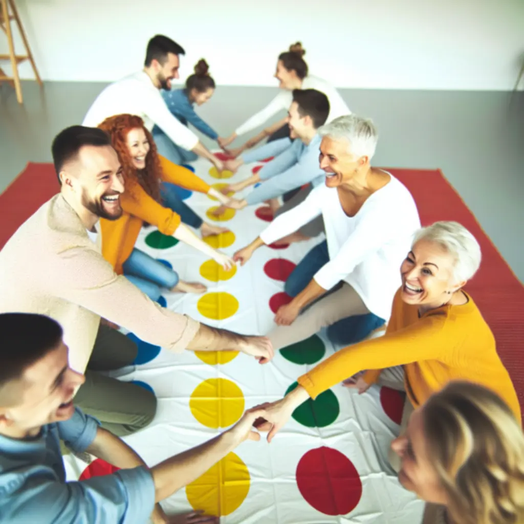 Család biztonságosan játszik Zone Twister HU játékkal puha szőnyegen