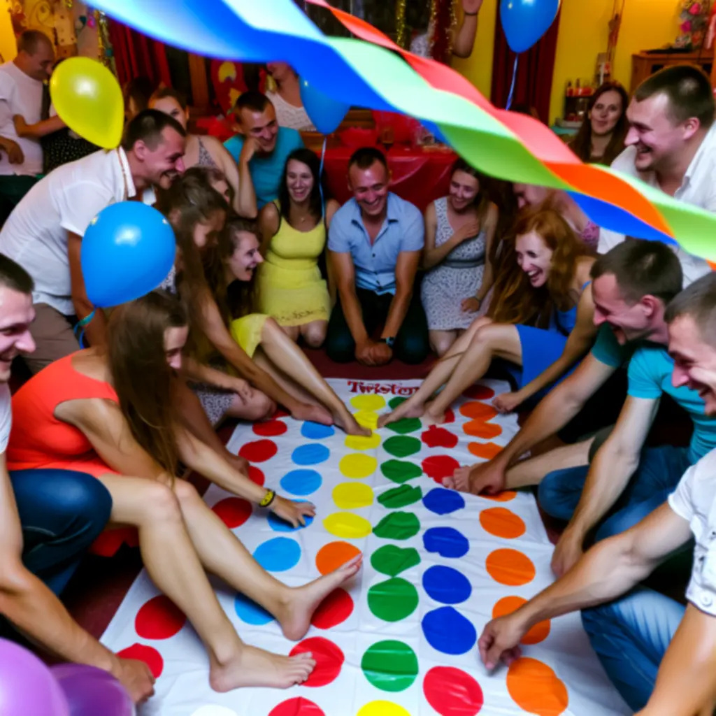 Baráti társaság nevetve Twister-stílusú partijáték közben