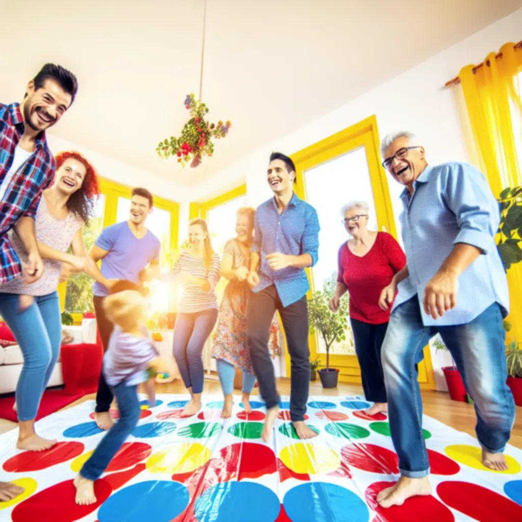 Vidám család Twister-stílusú játék közben